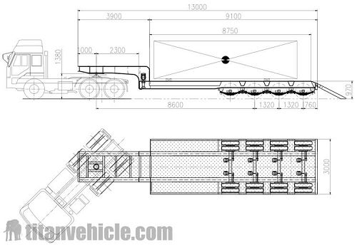 Drawing of 4 axle 80Ton Lowbed Semi Trailer 