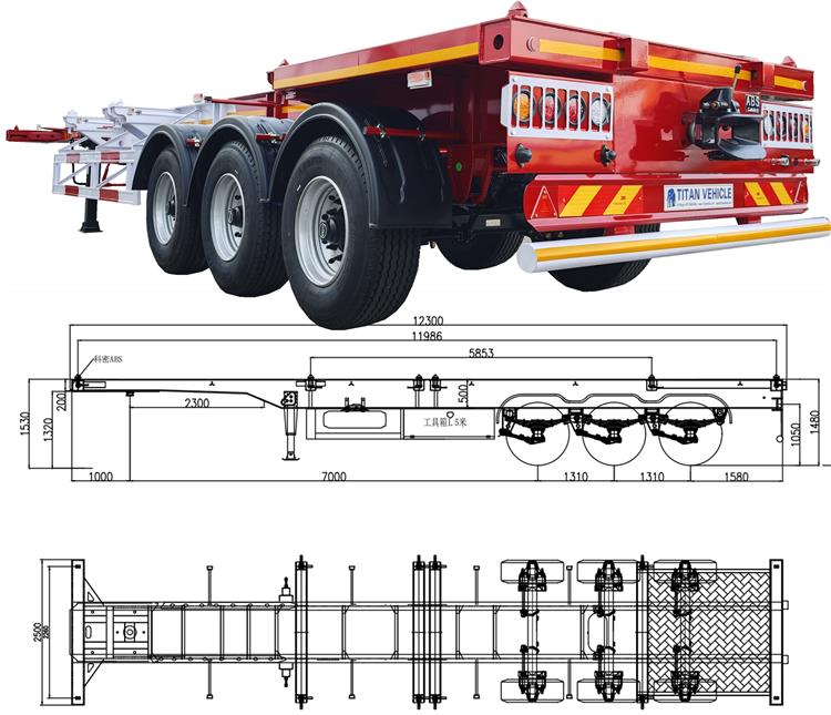 Dimension(mm): 12500x2500x1500mm Loading capacity(ton): ≤60T Axles: 3 axle Tire: 6 units, 12R22.5 Rim: 9.00-22.5 or 9.75-22.5 Suspension: Mechanical suspension Twist Locks: 4,8,12 sets (lifting or screw type)